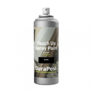 Spray paint can labeled 'Touch Up Spray Paint' at 400 ml, color black, with DuraPost branding visible on the label.