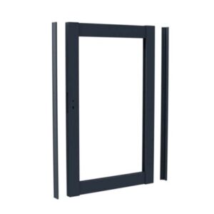 Dark gray metal door frame with two vertical side rails and top/bottom crosspieces laid apart (disassembled frame)