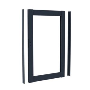 Dark gray metal door frame kit with central frame and two separate side jambs, shown unassembled.