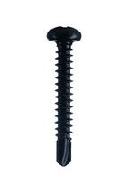 Single black wood screw standing upright, showing a long, threaded shaft and pointed tip with a rounded head.