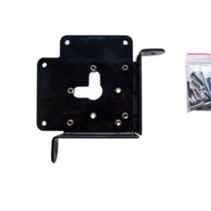 Black metal mounting bracket with multiple holes and a central keyhole-like opening, plus a small bag of screws